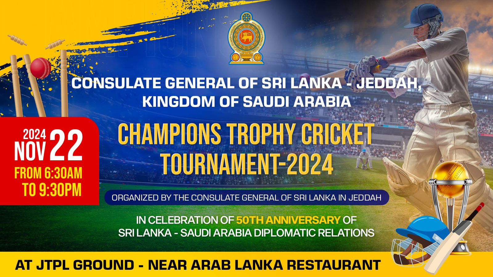 Read more about the article The Consulate along with the Sri Lankan Expatriate Society in Jeddah Organized the Champions Trophy Cricket Tournament