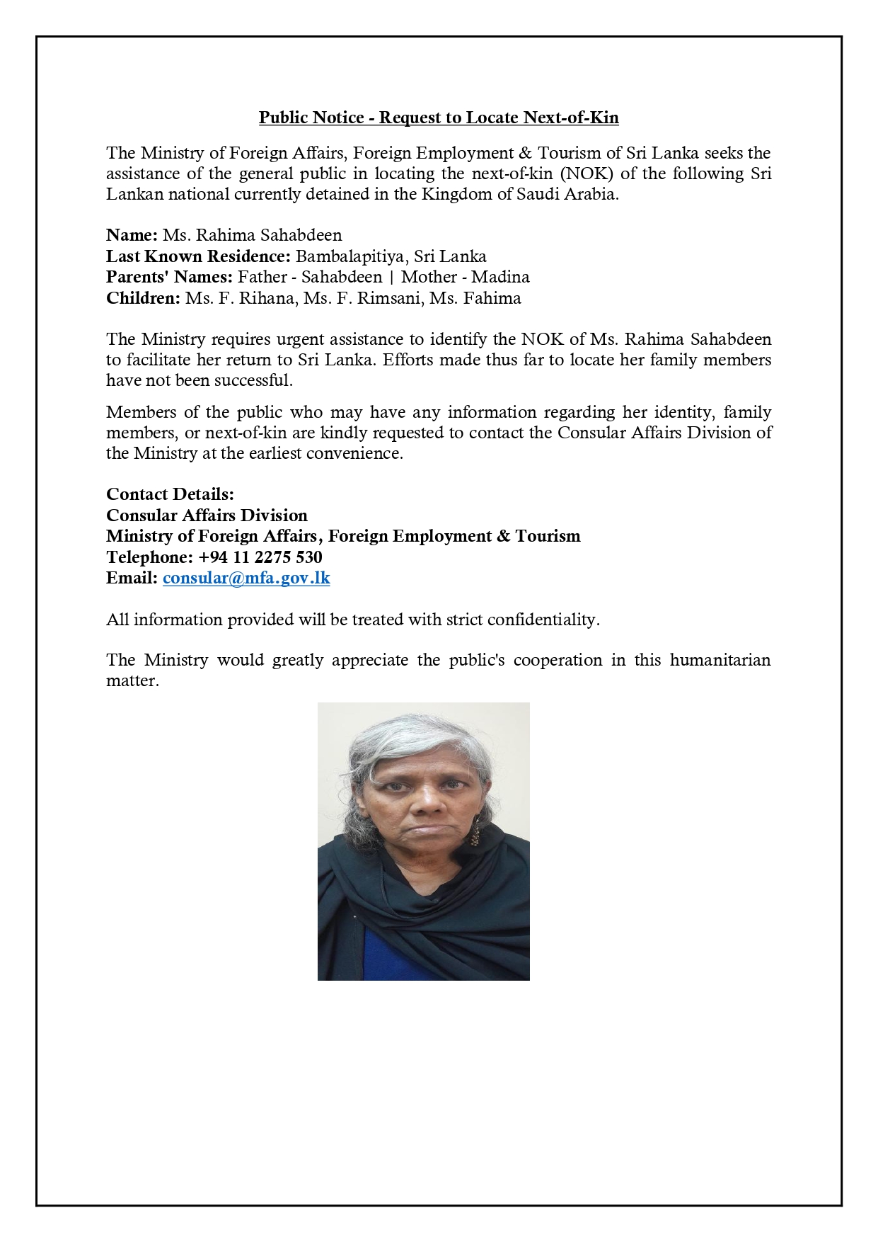 You are currently viewing Seeking public assistance to locate Next -of-Kin of Ms. Rahima Sahabdeen
